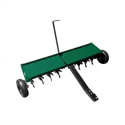 48'' Tow Behind Plug Aerator, Heavy Duty Pull Behind Plug Aerator with Universal Hitch, 3 in Spikes and Inflatable Wheels for Gardens, Lawns, Farms, Green - color: Green