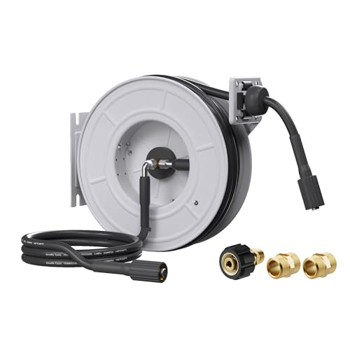 Giraffe Tools Pressure Washer Hose Reel with 65ft Replaceable Hose, Power Washer Retractable Hose Reel, Heavy Duty, Wall/Floor Mounted, 3200 PSI