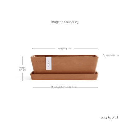 Ecopots Bruges Rectangular Flower Planter w/Saucer, Terracotta Color, 10" - color: Terracotta