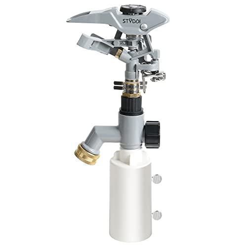 STYDDI T-Post Fence Sprinkler, Metal Impact Sprinkler Head on Fence T-Post Base with Flow Through, Irrigation Zinc-Alloy Adjustable T-Post Impulse Sprinkler