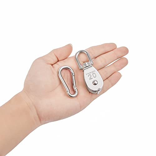 2X 304 Stainless Steel M20 Single Swivel Rope Pulley Blocks with Snap Hooks - size: M20-2pcs