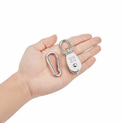 2X 304 Stainless Steel M20 Single Swivel Rope Pulley Blocks with Snap Hooks - size: M20-2pcs