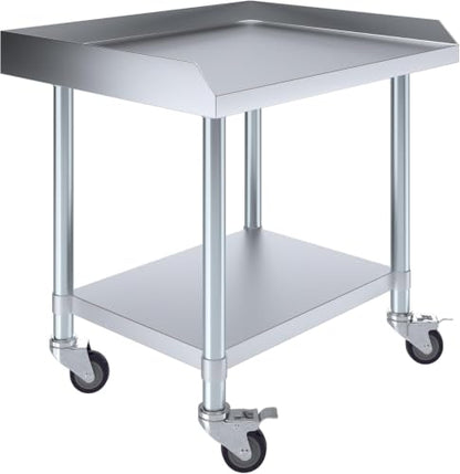 Stainless Steel Rolling Equipment Grill Table Stand | 30" x 30" Work Table with Undershelf & 4 Casters (2 with Brakes) | Heavy-Duty Mobile Table for Kitchen or Utility Use