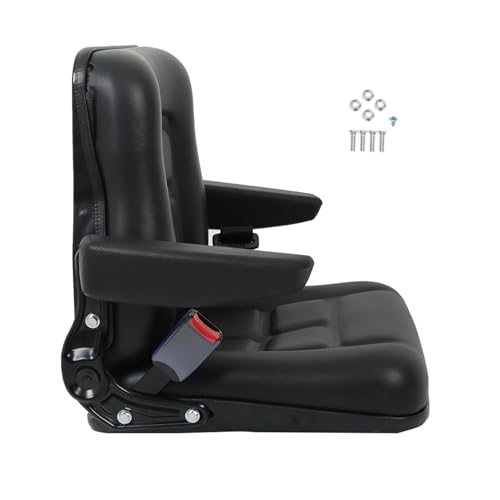 munirater Universal Fold Down Forklift Seat with Seatbelt Armrest and Slide Replacement for Excavator Skid Loader Backhoe Dozer Telehandler