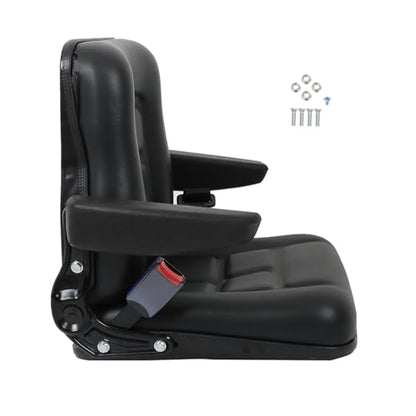 munirater Universal Fold Down Forklift Seat with Seatbelt Armrest and Slide Replacement for Excavator Skid Loader Backhoe Dozer Telehandler