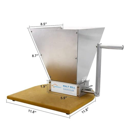 FERRODAY Malted Grain Mill for Grain Malt Barley, 2 Roller Stainless Steel - size: Wooden base plate