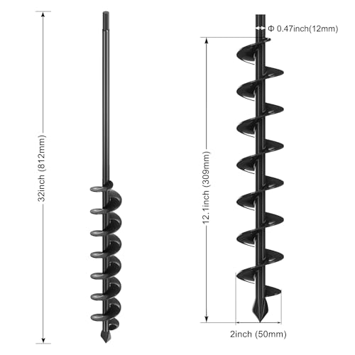Insaga Auger Drill Bit for Planting 2″ x 32″– Heavy Duty Carbon Steel Spiral Garden Auger for Drill, 3/8″ Hex Drive Plant Auger for Bulbs & Seedlings – 32″ Long Reach Reduces Bending - size: 2″ x 32″