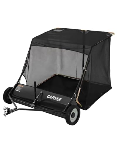 Garvee 44 Inch Tow Behind Lawn Sweeper, 29 Cu. Ft. Heavy Duty Extra Large Leaf Grass Collector, Tool‑Free Adjustable Brush Height, Dumping Rope for Riding Mower, Yard Driveway Sidewalk Debris Cleanup - color: Black, size: 44in