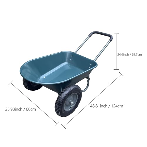 Dual Wheel Wheelbarrow, Heavy Duty Garden Cart, 600 Lbs Capacity Utility Cart with Two Pneumatic Tires, Backyard Plastic Wheelbarrow Cart with Built-in Stand for Outdoor Lawn Yard Farm Ranch (Green)