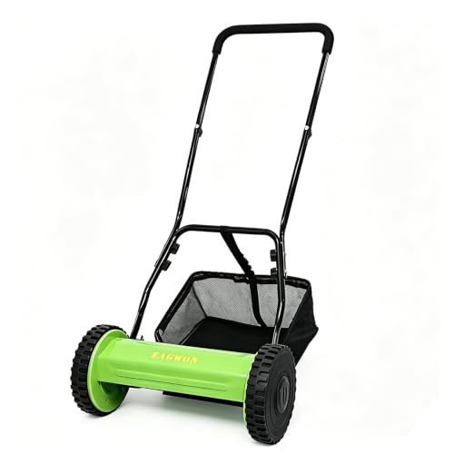 14-Inch 5-Blade Manual Push Reel Lawn Mower Cordless, with Removable Grass Catcher Bag & Adjustable Cutting Height, for Yard & Garden Grass Cutting - color: Green, size: 14"