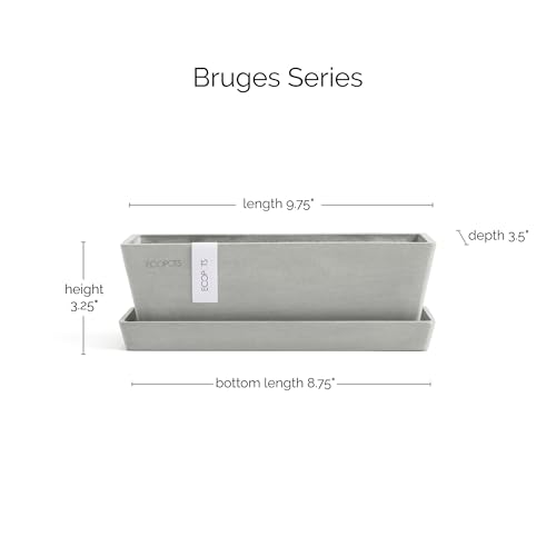 Ecopots Bruges Rectangular Flower Planter with Saucer, White Grey, 10" - color: White Grey