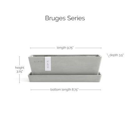 Ecopots Bruges Rectangular Flower Planter with Saucer, White Grey, 10" - color: White Grey