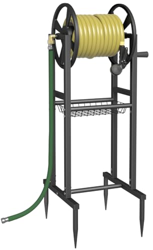 Garbuildman Ground Mount Garden Hose Reel Holds 125 Feet of 5/8-Inch with 3.9 ft Leader Hose, Brass Fitting, Water Hose Holder Stand with Storage Rack & 4 Spikes Base for Outdoor Lawn, Black - color: Black