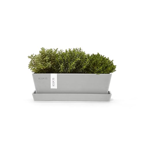Ecopots Bruges Rectangular Flower Planter with Saucer, White Grey, 10" - color: White Grey