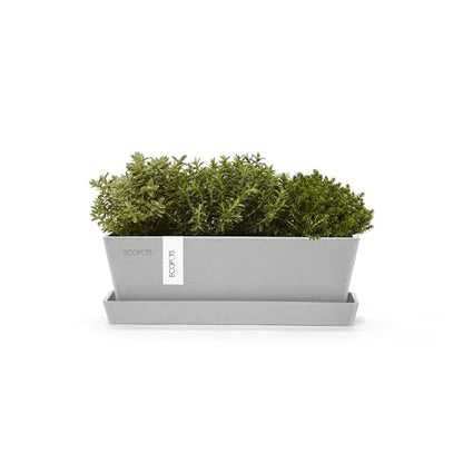 Ecopots Bruges Rectangular Flower Planter with Saucer, White Grey, 10" - color: White Grey