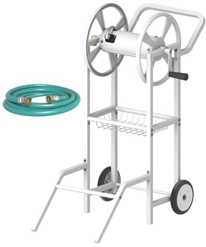 Artigarden Hose Reel Cart with 2 Wheels, Garden Water Hose Holder Heavy Duty Powder Coated Steel Outdoor Winder Storage Holds 125 ft 5/8" Hoses with Basket and 3.9ft Leader Hose for Backyard, White - color: White