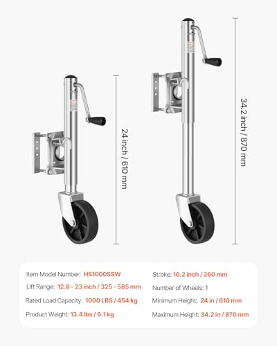 VEVOR Trailer Jack with Wheel, 1000 lbs Load Capacity, Heavy Duty Swivel Boat Trailer Jack with PP Single Wheel & Ergonomic Handle, 10-inch Lift, Fit for RVs, Boats, Horse Trailers, Utility Trailers - size: 1000lbs Upgraded (10-inch Lift)