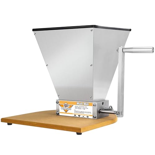 Mrbrew Grain Crusher Homebrew Malt Mill Manual Wooden Base Grain Mill | Stainless Steel Grinder Mill with Adjustable 2 Bearing Roller Crank Handle, Fit Low Speed Electric Drill Wheat Beer Brewing - color: Wooden