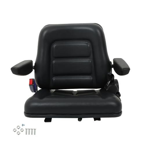 munirater Universal Fold Down Forklift Seat with Seatbelt Armrest and Slide Replacement for Excavator Skid Loader Backhoe Dozer Telehandler