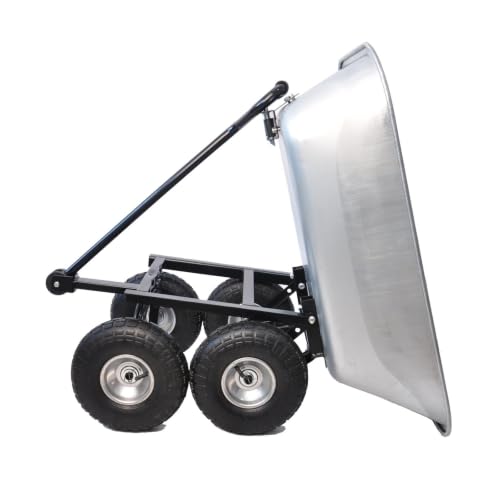 300LB Steel Garden Dump Cart 4-Wheel Wagon Poly Tray 55L Silver Tilting Bed