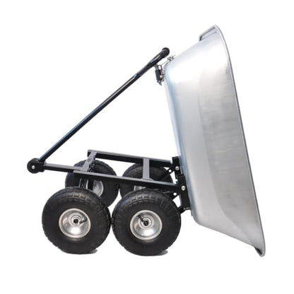 300LB Steel Garden Dump Cart 4-Wheel Wagon Poly Tray 55L Silver Tilting Bed