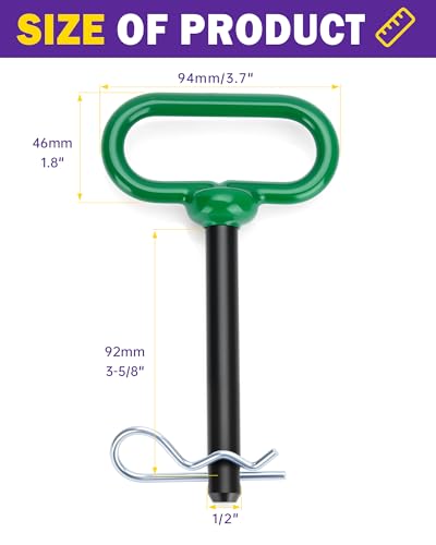 1/2 inch Trailer Hitch Pin and Clip, 1/2 x 3-5/8 Inch Tow Hitch Pin Rubber Coated Green Handle Pin for Tractors, Towing, Lawn Mower, Golf Cart and ATV, Heavy Duty Gate Pin Accessories One-Handed - color: Green