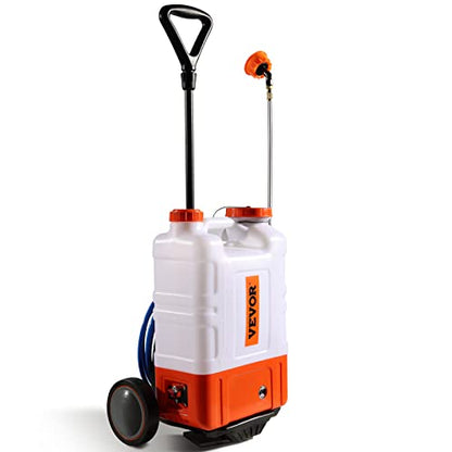 VEVOR 4 Gallon Battery Powered Backpack Sprayer with Wheeled Cart, Adjustable 0-94 PSI, 13FT Hose, 6 Nozzles, 2 Wands Included, Wide Mouth Lid for Weeding, Cleaning, Long Spray Time Without Fatigue - size: 4 Gal with Cart
