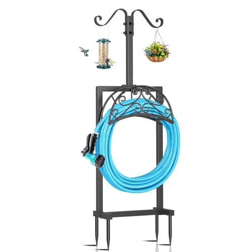 Garden Hose Holder, Freestanding Hose Reel Stand with Shepherd Hook - style: Floral with Shepherds Hooks