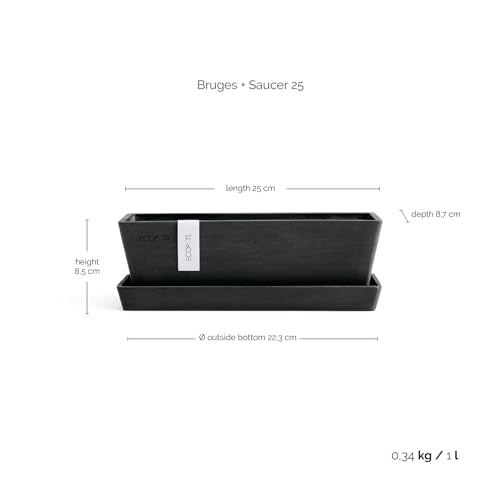 Ecopots Bruges Rectangular Flower Planter with Saucer, Dark Grey, 10" - color: Dark Grey