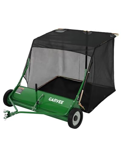 Garvee 44 Inch Tow Behind Lawn Sweeper, 29 Cu. Ft. Heavy Duty Extra Large Leaf Grass Collector, Tool‑Free Adjustable Brush Height, Dumping Rope for Riding Mower, Yard Driveway Sidewalk Debris Cleanup - color: Green, size: 44in