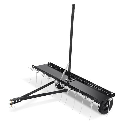 VEVOR Tow Behind Dethatcher, 40-inch Lawn Dethatcher Rake with 20 Spring Steel Tines for ATV or Mower, Heavy Duty Tow Behind Lawn Rake with Lift Handle for Garden Farm Grass, Leaves, Pine Needles - style: 40" Tow Behind Dethatcher