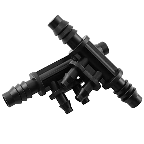 RLECS 6pcs 3/8 Inch to 1/4 Inch Greenhouse Drip Irrigation Water 4 Way Splitter for 4 mm Drip Hose Gardening Water Irrigation Fittings, Black
