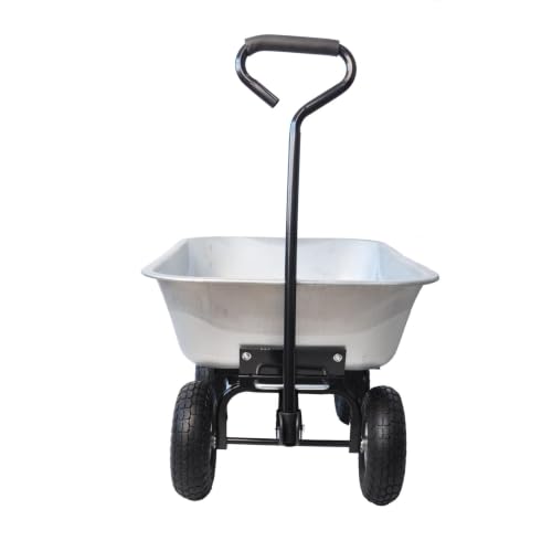 300LB Steel Garden Dump Cart 4-Wheel Wagon Poly Tray 55L Silver Tilting Bed