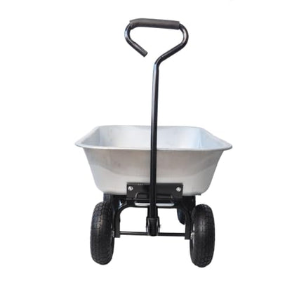 300LB Steel Garden Dump Cart 4-Wheel Wagon Poly Tray 55L Silver Tilting Bed