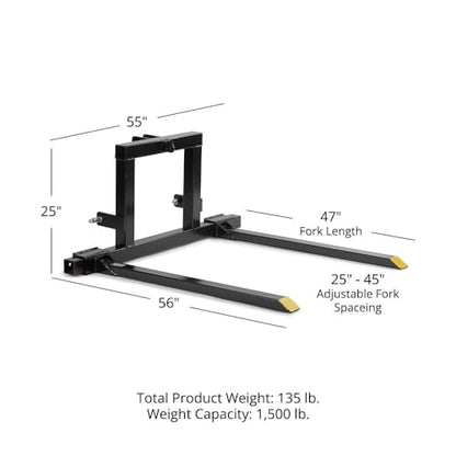 Titan Attachments 3 Point Pallet Fork Frame, Cat 1 Quick Hitch Compatible, 28"-45" Adjustable Fork Width, 1,500 LB Capacity, 3/8" Tow Hook Included