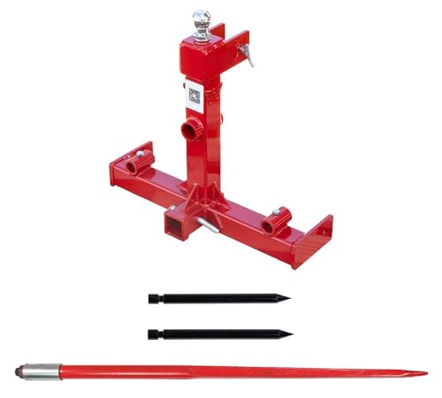 Mytee Products 49” 3 Point Bale Spear for Category 1 Tractor 3000lbs WLL w/ 1Pc Red Hay Spear and 2Pcs Stabilizers Spear with 2" Receiver with Trailer Ball Hitch Gooseneck Drawbar - size: 49 Inch