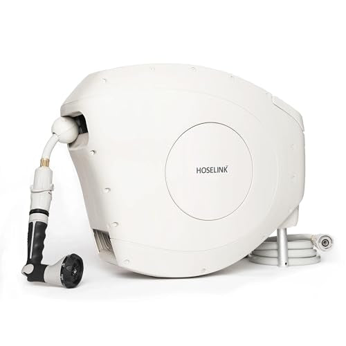 HOSELINK Classic Beige 100ft Automatic Retractable Garden Hose Reel, 1/2" UV-Stabilized Kink-Free Hose, Wall Mounted Complete Watering Solution for Backyard, Garden & Outdoor - size: 100ft 1/2"