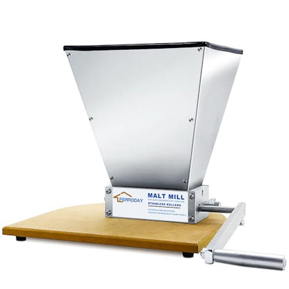 FERRODAY Malted Grain Mill for Grain Malt Barley, 2 Roller Stainless Steel - size: Wooden base plate