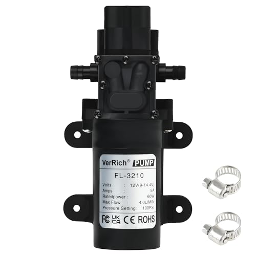 VerRich DC 12V Water Pump 116PSI 8 Bar Diaphragm Pump with Pressure Switch 4L/Min 1GPM High Pressure Pump 3/8" 10mm Connector with 2 Adjustable Hose Clamp for Water taps,Motorhome,Caravan - style: Diaphragm