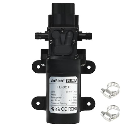 VerRich DC 12V Water Pump 116PSI 8 Bar Diaphragm Pump with Pressure Switch 4L/Min 1GPM High Pressure Pump 3/8" 10mm Connector with 2 Adjustable Hose Clamp for Water taps,Motorhome,Caravan - style: Diaphragm