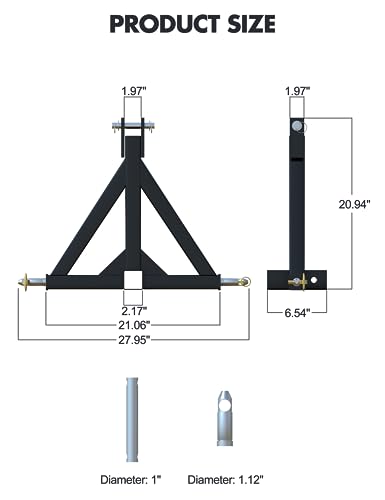 3 Point 2" Receiver Hitch, Category 1 Tractor, Heavy Duty Steel, Black
