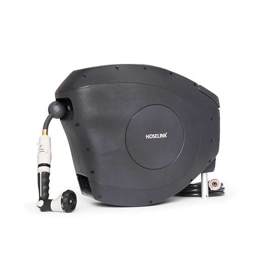 HOSELINK Classic Charcoal 50ft Hi-Flow Automatic Retractable Hi-Flow Garden Hose Reel, 9/16”, UV-Stabilized Kink-Free Hose, Wall Mounted Complete Watering Solution for Backyard, Garden & Outdoor - size: 50ft 9/16" Hi-Flow