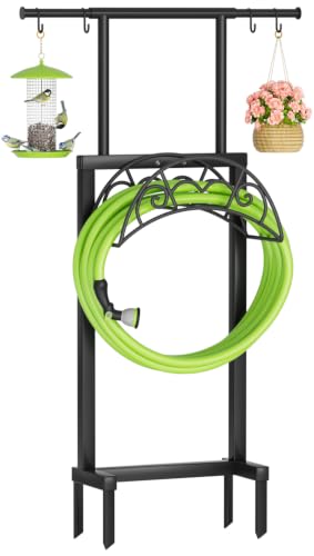 Garden Hose Holder with Telescopic Pole, Upgraded Heavy Duty Hose Stand Holds 150ft with 4 Spikes, Freestanding Metal Hose Storage and Hanger for Outside Yard Lawn Farm, Black