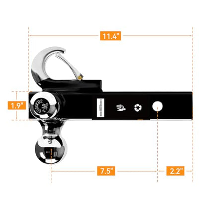 ORCISH Tri-Ball Trailer Hitch Mount with Tow Hook & Lock for 2" Receiver - color: 2"-Standard Plus-Chrome