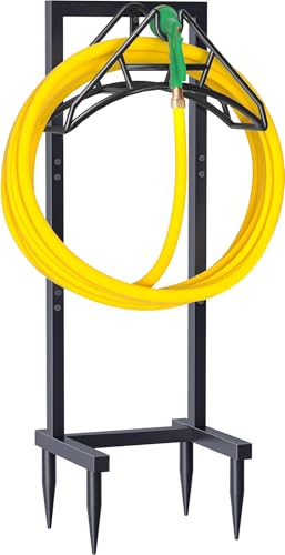 Artigarden Outdoor Garden Hose Holder Freestanding with 4 Spikes, Heavy Duty Metal Water Hose Reel Stand Hanger Rack Organizer Holds Storage 150ft Hose for Outside Yard Lawn, Black - style: Nozzle Style