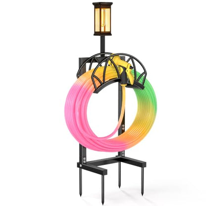 Garden Hose Holder with Solar Light, Freestanding Hose Stand for Outside - color: Carbon Black-with Solar Light