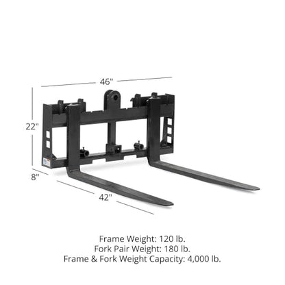 Titan Attachments Economy Series Pallet Fork Frame, 42" Fork Blades, Skid Steer Quick Tach Connection, Rated 4000 LB, Conus 2 Hay Spear Sleeves and 2" Receiver Hitch Included - style: 42" Forks