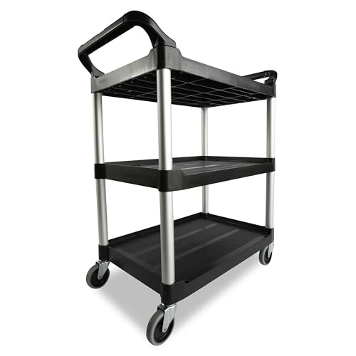 Rubbermaid Commercial Products Heavy Duty 3-Shelf Rolling Service/Utility/Push Cart, 200 lbs. Capacity, Black, for Foodservice/Restaurant/Cleaning/Warehouse/Garage - color: Black