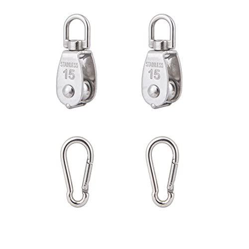 2X 304 Stainless Steel M15 Single Swivel Rope Pulley Blocks with Snap Hooks - size: M15-2pcs