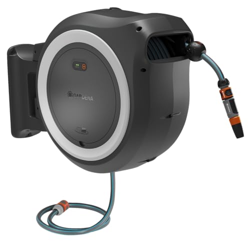 Gardena Battery-Powered Wall-Mounted Hose Box PowerRoll XL: 35m Garden Hose, Automatic Roll-Up, Black